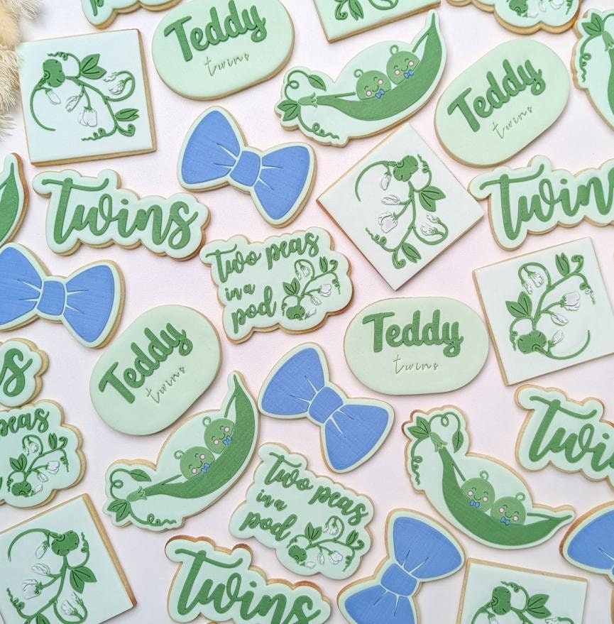 twins baby shower two peas in a pod double trouble babies pregnant mama mum pea leaf cookie stamp cookie cutter stampandimpress fondant debosser embosser pea flower plant