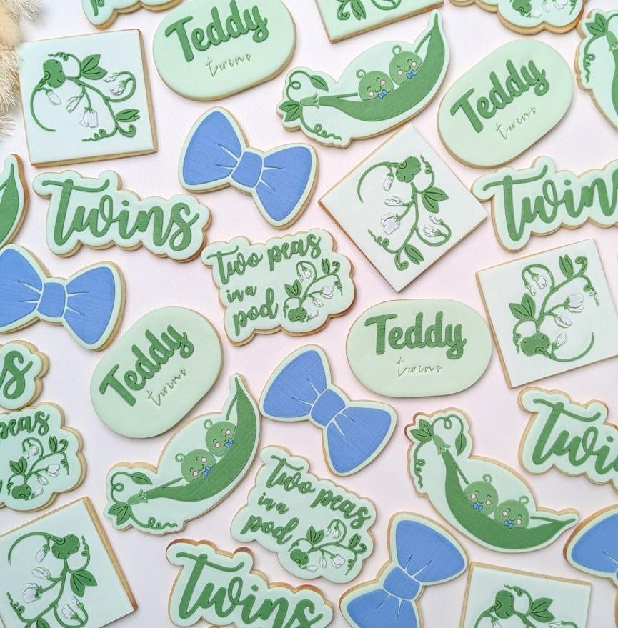 twins baby shower two peas in a pod double trouble babies pregnant mama mum pea leaf cookie stamp cookie cutter stampandimpress fondant debosser embosser