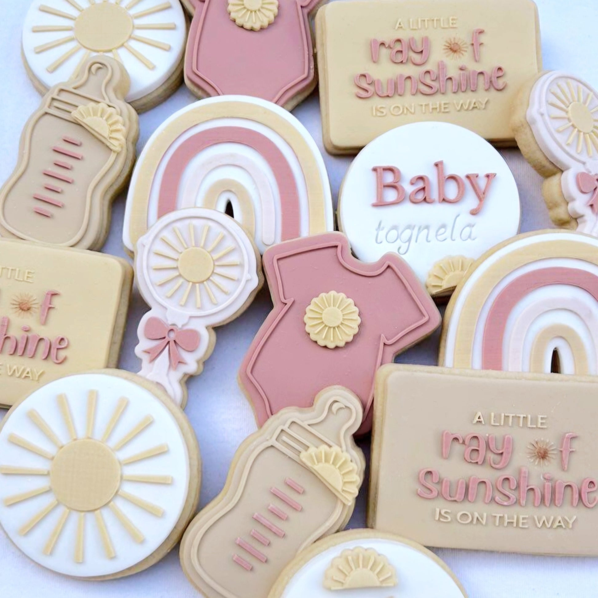 boho rainbow a little ray of sunshine is on the way baby shower cloud flower cookie stamp cookie cutter fondant debosser stampandimpress sun bow