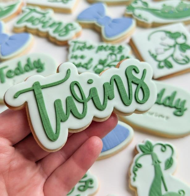 twins baby shower two peas in a pod double trouble babies pregnant mama mum pea leaf cookie stamp cookie cutter stampandimpress fondant debosser embosser