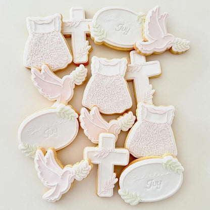 dove bcross leaves dress god bless baptism christening lace cookie stamp cookie cutter stampandimpress