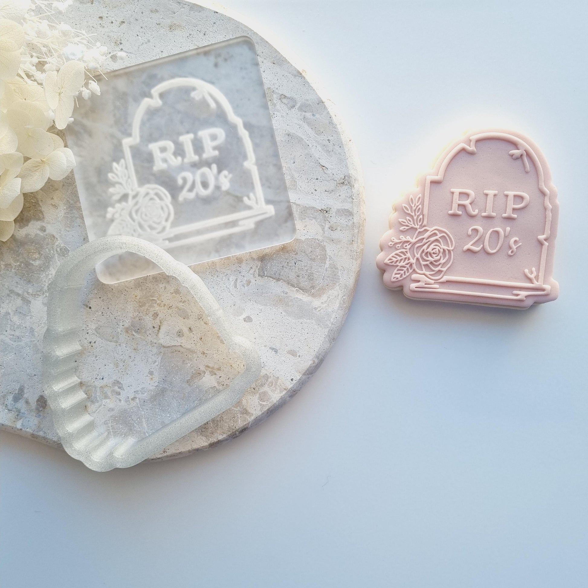 RIP Tombstone with Flowers Raised Cookie Stamp/Fondant Debosser & Cutter