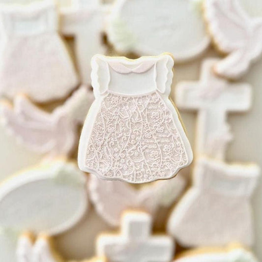 cross with leaves baptism church christening dove god bless dress romper suit cookie stamp cookie cutter stampandimpress lace