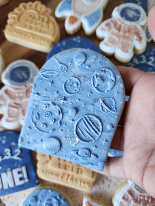 5 4 3 2 one astronaut rocket galaxy saturn planet first trip around the sun stars moon sun cookie stamp cookie cutter stampandimpress fondant debosser embosser