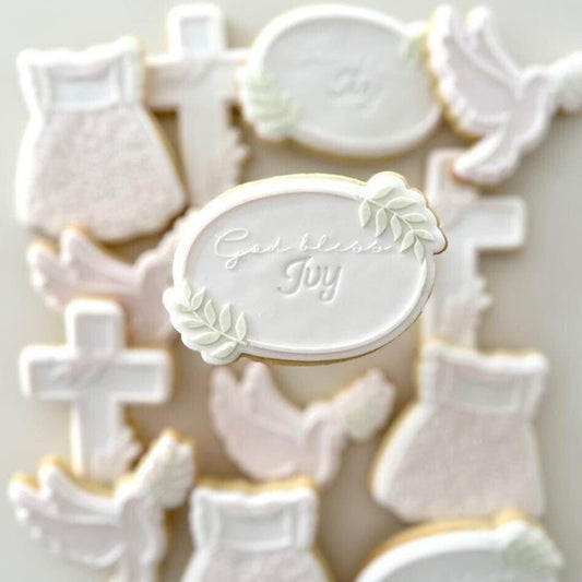 dove cross leaves dress god bless baptism christening lace cookie stamp cookie cutter stampandimpress plaque