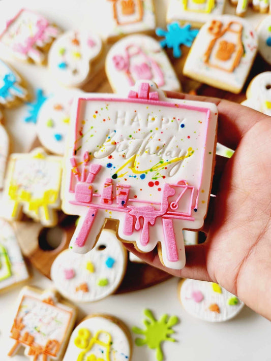 paint easel apron paint party splat art artwork paint pallette brush paint tin pencil cookie stamp cookie cutter stampandimpress fondant debosser