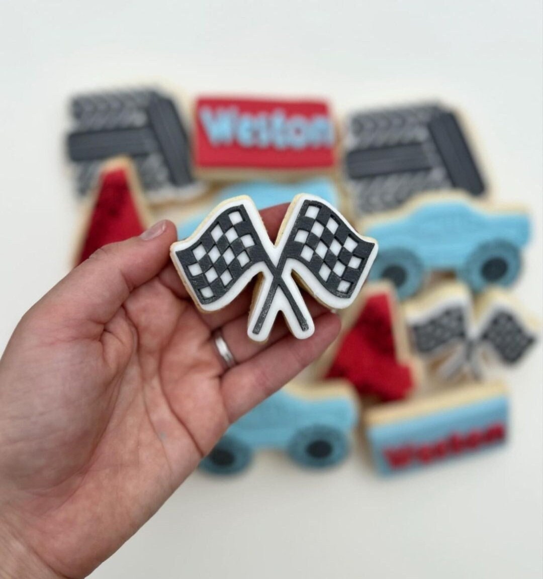 racing flags race car formula 1 speed two fast tye stack wheels hot wheelz monster truck cookie stamp cookie cutter stampandimpress fondant debosser