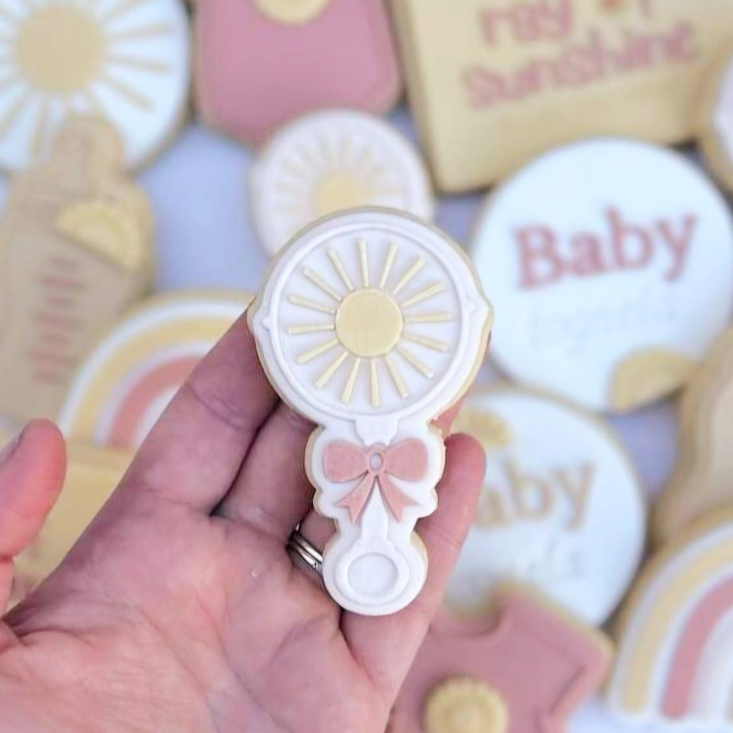 boho rainbow a little ray of sunshine is on the way baby shower cloud flower cookie stamp cookie cutter fondant debosser stampandimpress sun bow rattle