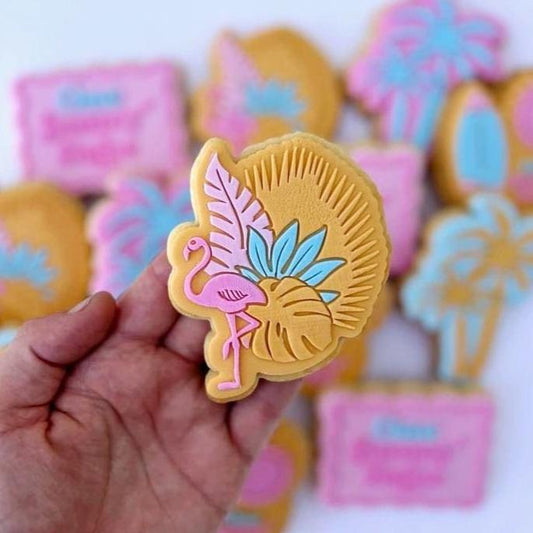 flamingo tropical monstera palm tree one sunny babe surfboard sun sunshine cookie stamp cookie cutter stampandimpress fondant debosser