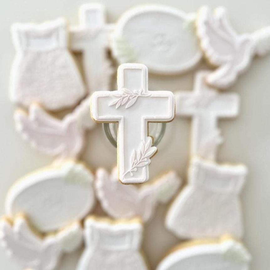 cross with leaves baptism church christening dove god bless dress romper suit cookie stamp cookie cutter stampandimpress