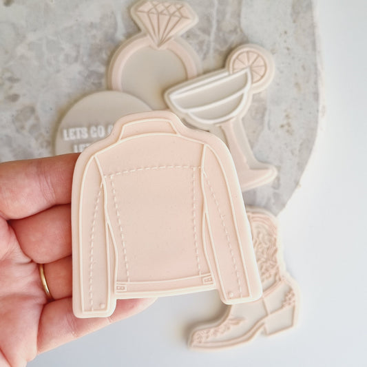 denim jacket rodeo cowboy cowgirl hat ring debosser hens wedding howdown lets go girls boot bride to be miss to mrs cactus cookie stamp cutter stamp and impress stamp & impress