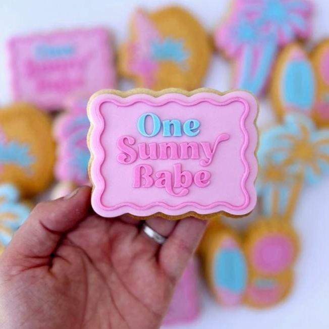 one sunny babe tropical palm tree surfboard sunshine cookie stamp cookie cutter birthday stampandimpress fondant debosser flamingo