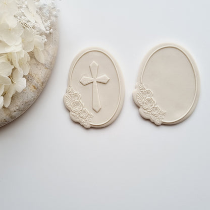 oval cross floral flower border church communnion holy baptism christening arch cookie stamp cookie cutter stampandimpress fondant debosser