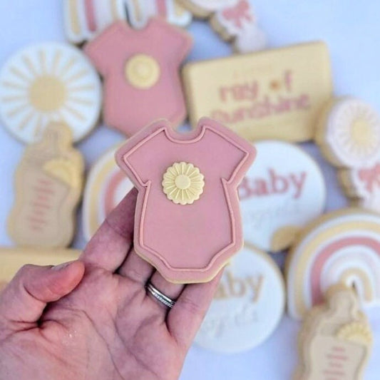 boho rainbow a little ray of sunshine is on the way baby shower cloud flower cookie stamp cookie cutter fondant debosser stampandimpress sun bow romper onesie baby shower