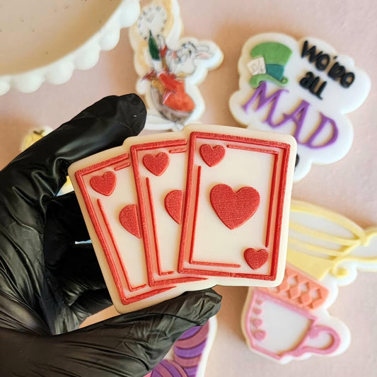 heart playing cards ace queen of hearts alice in wonderland white rabbit im late clock watch teacup stack afternoon tea party cheshire cat we&#39;re all mad here mad hatter eat me drink me stamp and impress cookie stamp cookie cutter stamp & impress