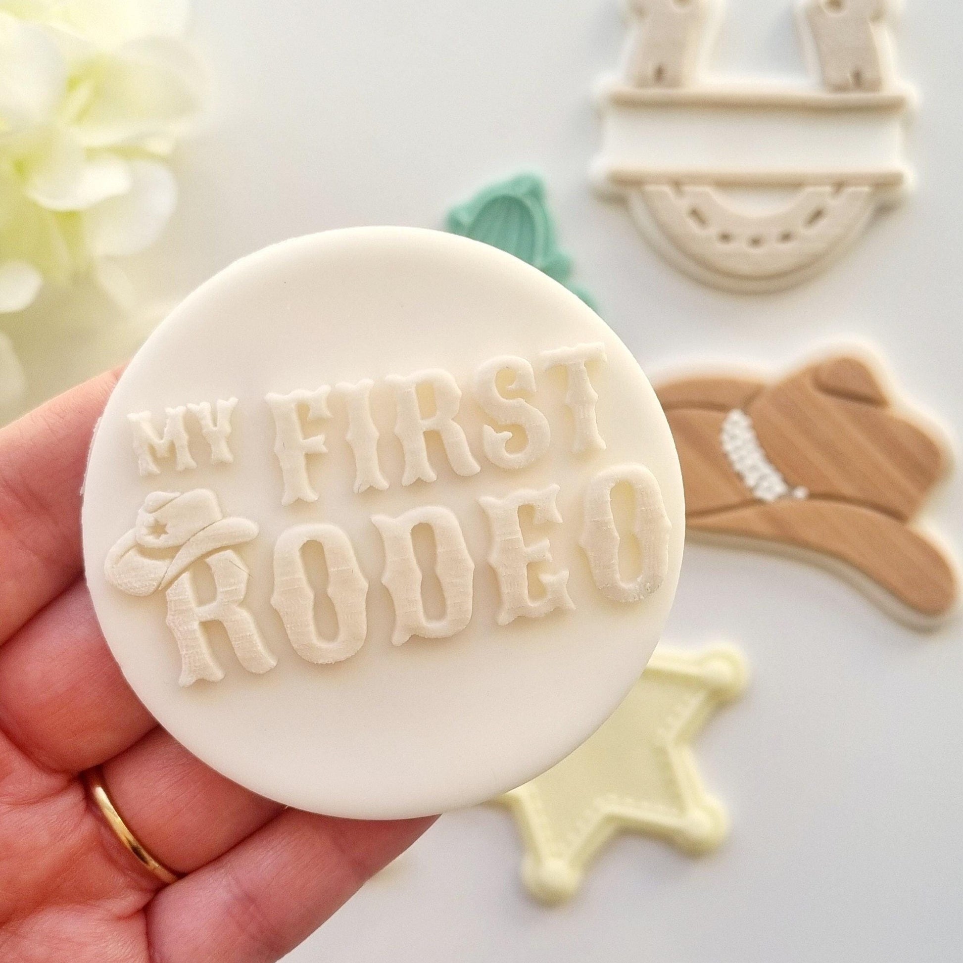 pattern cookie stamp cookie cutter baker bake baking cute design embosser debosser decorate fondant Perth Australia stampandimpress stamp & impress my first rodeo theme western sheriff sherrif star badge horseshoe cowboy hat boots skull cactus