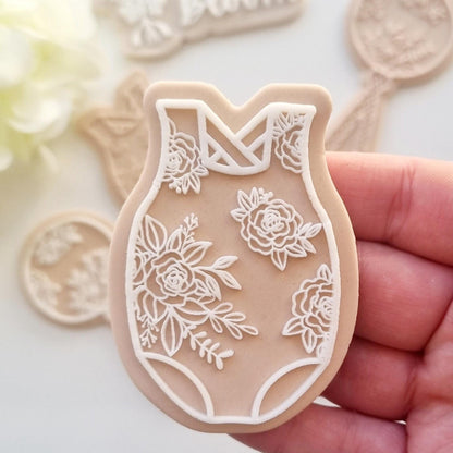 pattern cookie stamp cookie cutter baker bake baking cute beautiful design embosser debosser decorate fondant Perth Australia custom stampandimpress stamp & impress baby shower romper onesie floral flower bloom overalls rattle bottle crib pram