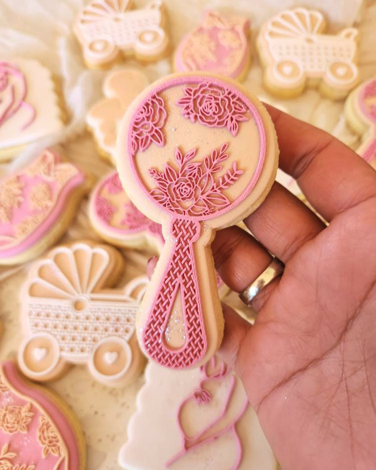 floral baby shower cookie stamp cookie cutter stampandimpress baby in bloom floral rattle roses pretty 