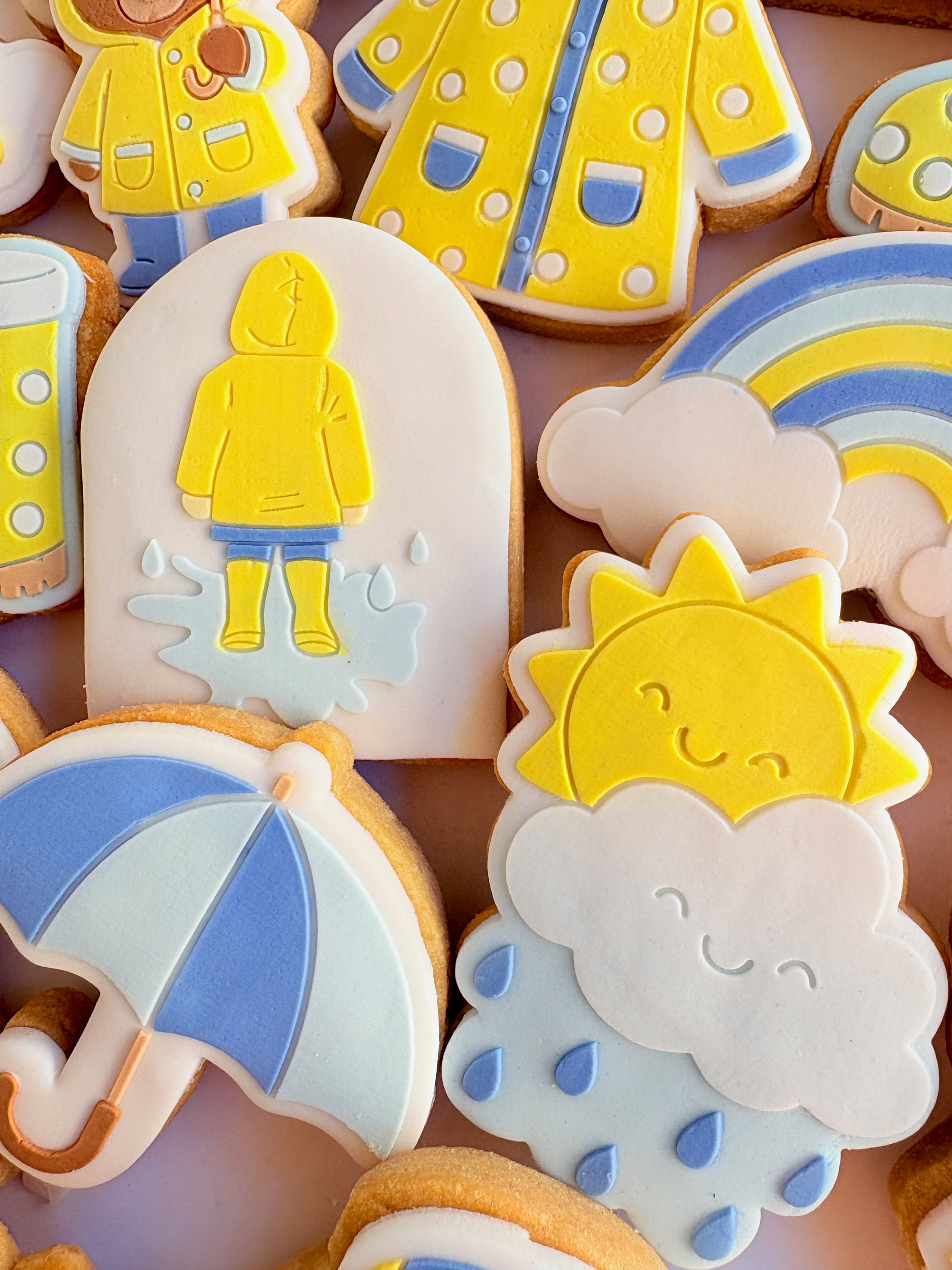 teddy bear in the rain umbrella rainy day sunshine raincoat rain boots gumboots boy jumping in puddle sun shower cloud rainbow cookie stamp cookie cutter stampandimpress