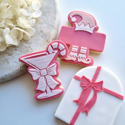 fondant debosser christmas cookie stamp cookie cutter stampandimpress bow gift ribbon elf on the shelf elf plaque customise personalise drink cocktail candy cane