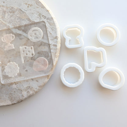 mini fondant stamps cookie stamp cookie cutter stampandimpress race car racing theme racing flag race flag helmet wheel tyre