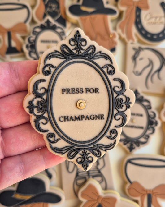champagne cowgirl horseshoe with bow rodeo last rodeo hens horse boots cowboy hat cookie stamp cookie cutter stampandimpress press for champagne
