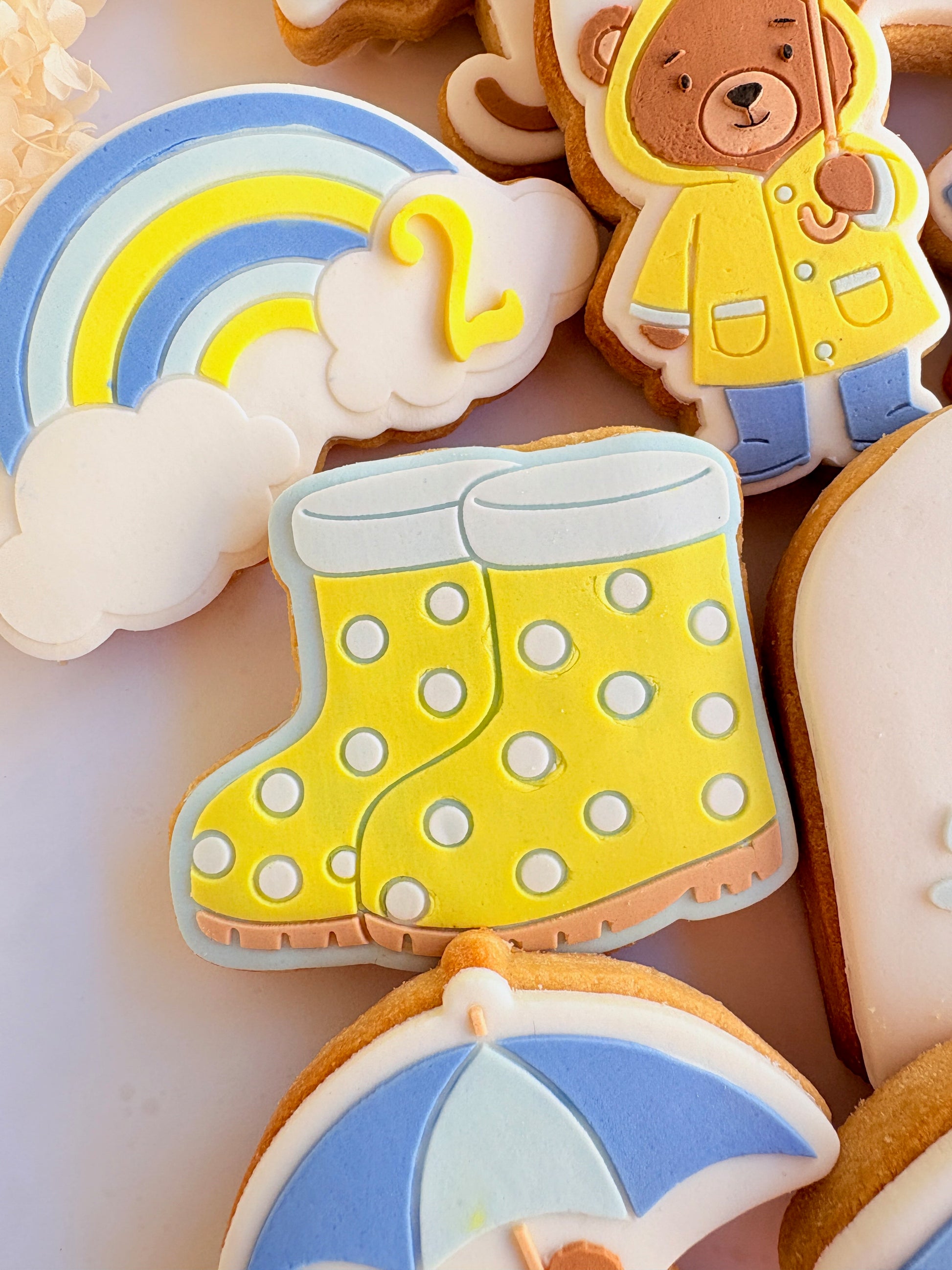 teddy bear in the rain umbrella rainy day sunshine raincoat rain boots gumboots boy jumping in puddle sun shower cloud rainbow cookie stamp cookie cutter stampandimpress