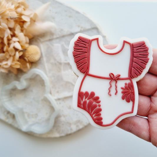 baby girl ruffle dress onesie romper baby floral bow cookie stamp cookie cutter stampandimpress baby shower cielito lindo