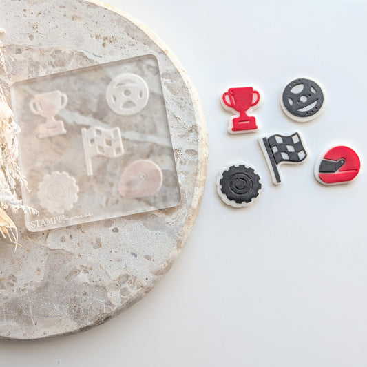 mini fondant stamps cookie stamp cookie cutter stampandimpress race car racing theme racing flag race flag helmet wheel tyre