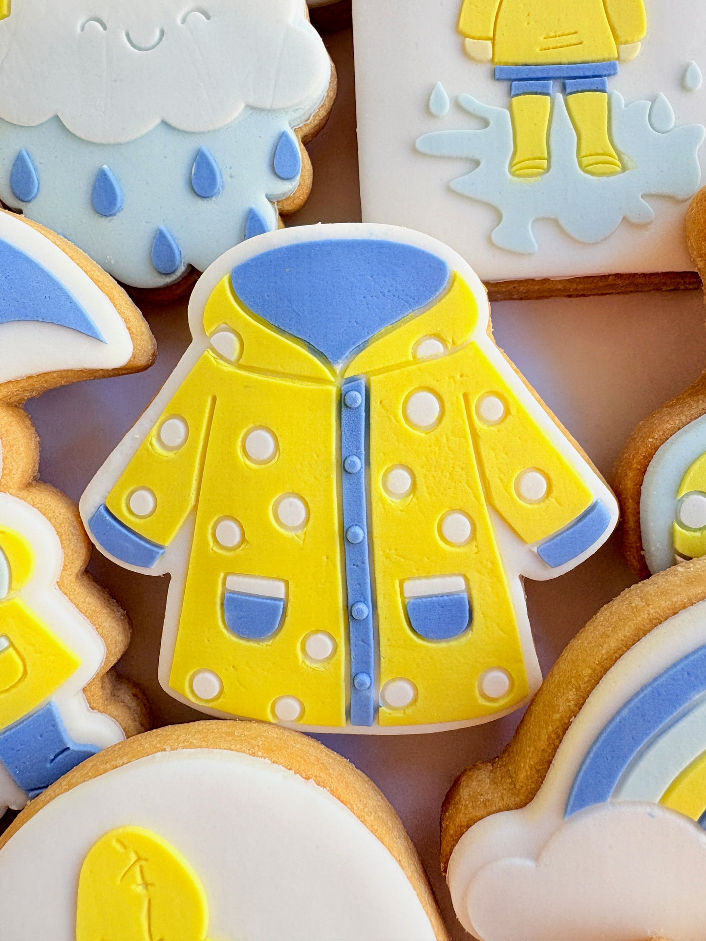 teddy bear in the rain umbrella rainy day sunshine raincoat rain boots gumboots boy jumping in puddle sun shower cloud rainbow cookie stamp cookie cutter stampandimpress
