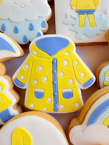 teddy bear in the rain umbrella rainy day sunshine raincoat rain boots gumboots boy jumping in puddle sun shower cloud rainbow cookie stamp cookie cutter stampandimpress
