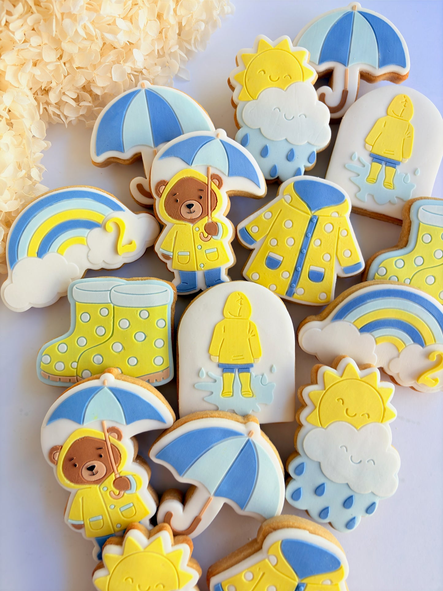 teddy bear in the rain umbrella rainy day sunshine raincoat rain boots gumboots boy jumping in puddle sun shower cloud rainbow cookie stamp cookie cutter stampandimpress