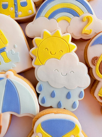 teddy bear in the rain umbrella rainy day sunshine raincoat rain boots gumboots boy jumping in puddle sun shower cloud rainbow cookie stamp cookie cutter stampandimpress