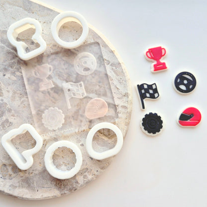 Racing theme race car mini wheel mini helmet mini tyre mini flag mini trophy cookie stamp cookie cutter stampandimpress
