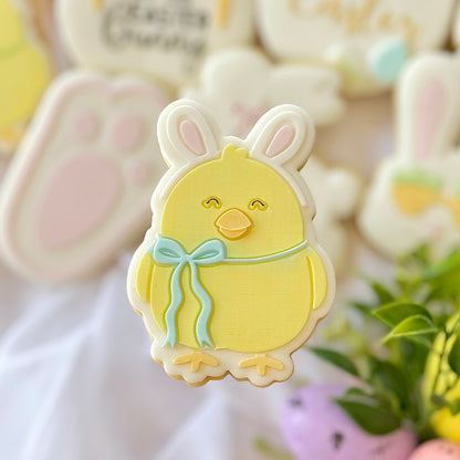 easter fondant debosser cookie stamp cookie cutter stampandimpress chick wearing easter bunny ears bow cute 