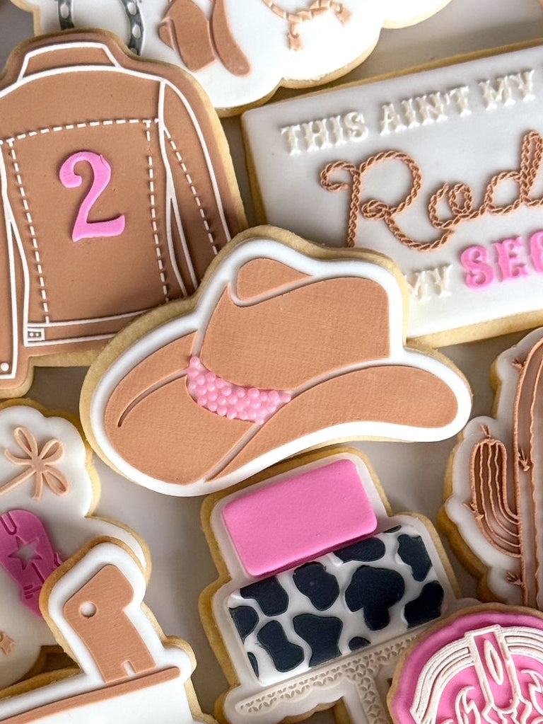 this ain't my first rodeo, it's my second cowboy hat cowboy boot cowgirl denim jacket horseshoe cow print cactus mini cowboy two cookie stamp cookie cutter stampandimpress