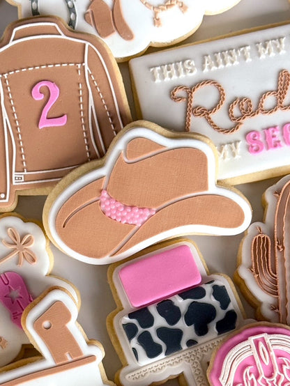 this ain't my first rodeo, it's my second cowboy hat cowboy boot cowgirl denim jacket horseshoe cow print cactus mini cowboy two cookie stamp cookie cutter stampandimpress