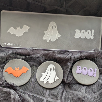 mini cookie stamps cookie cutter halloween ghost skeleton witch happy halloween trick or treat bat pumpkin jack o lantern black cat boo! stampandimpress fondant cookies