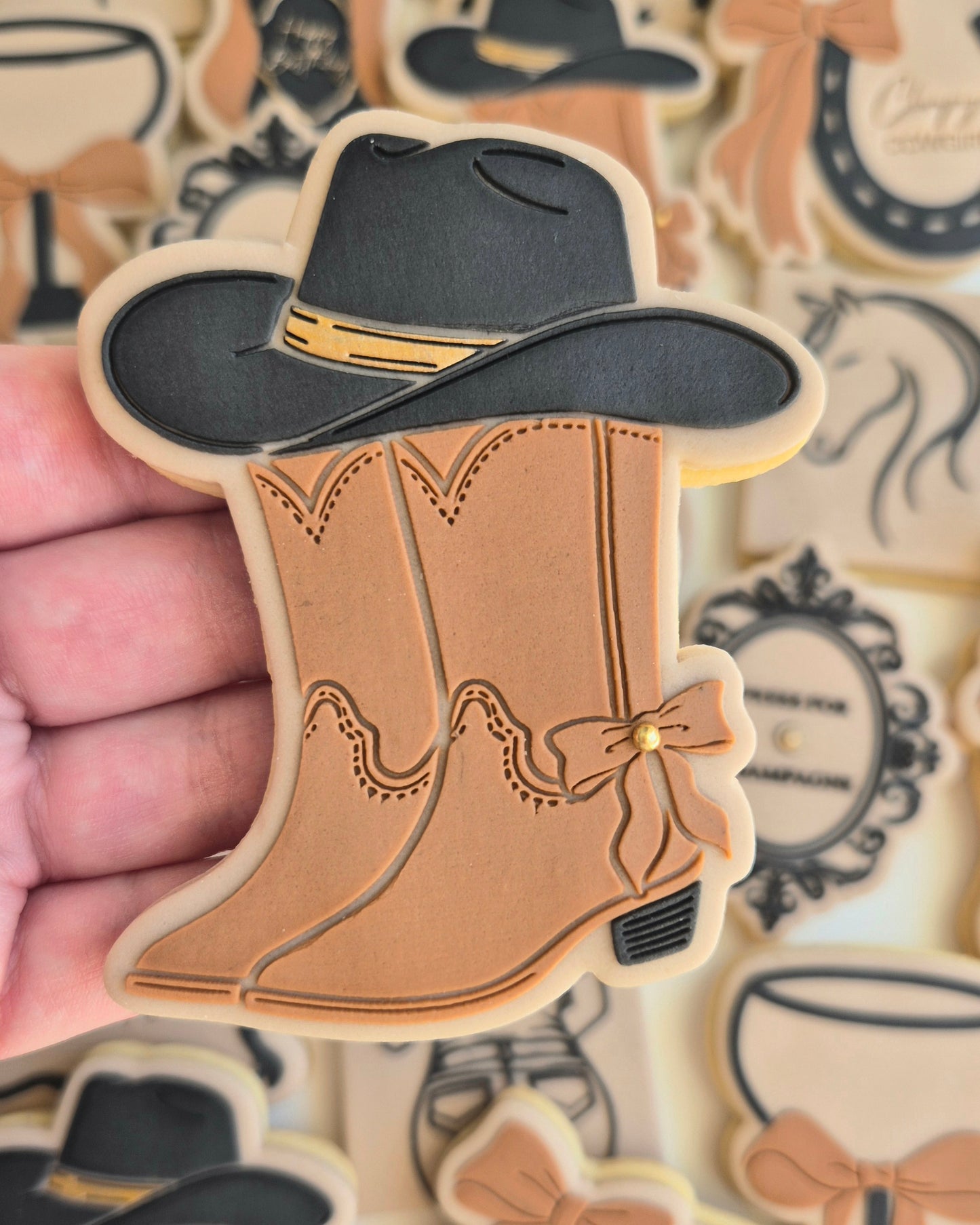 champagne cowgirl cowboy boots with hat cowboy hat cowboy boots with bow 40 forty press for champagne horseshoe with bow champagne bottle cocktail glass with bow horse head rodeo hens bride to be bow border cookie stamps cookie cutters stampandimpress