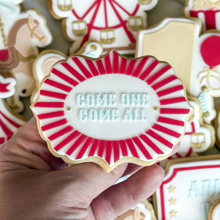 popcorn circus tent elephant seal with ball carnival fairy floss merry go round ferris wheel cotton candy step right up admit one ticket cookie stamp cookie cutter stampandimpress