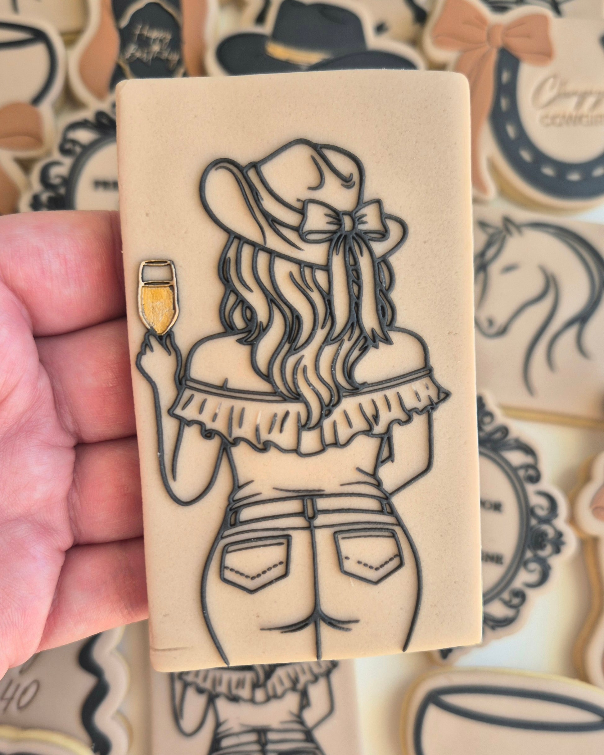 champagne cowgirl cowboy boots with hat cowboy hat cowboy boots with bow 40 forty press for champagne horseshoe with bow champagne bottle cocktail glass with bow horse head rodeo hens bride to be bow border cookie stamps cookie cutters stampandimpress
