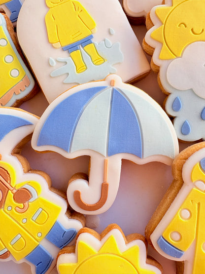 teddy bear in the rain umbrella rainy day sunshine raincoat rain boots gumboots boy jumping in puddle sun shower cloud rainbow cookie stamp cookie cutter stampandimpress