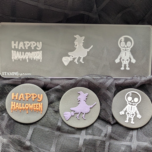 mini cookie stamps cookie cutter halloween ghost skeleton witch happy halloween trick or treat bat pumpkin jack o lantern black cat boo! stampandimpress fondant cookies