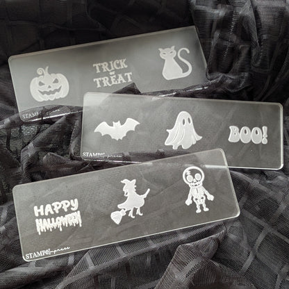 mini cookie stamps cookie cutter halloween ghost skeleton witch happy halloween trick or treat bat pumpkin jack o lantern black cat boo! stampandimpress fondant cookies
