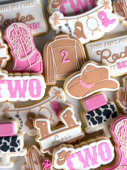 this ain't my first rodeo, it's my second cowboy hat cowboy boot cowgirl denim jacket horseshoe cow print cactus mini cowboy two cookie stamp cookie cutter stampandimpress