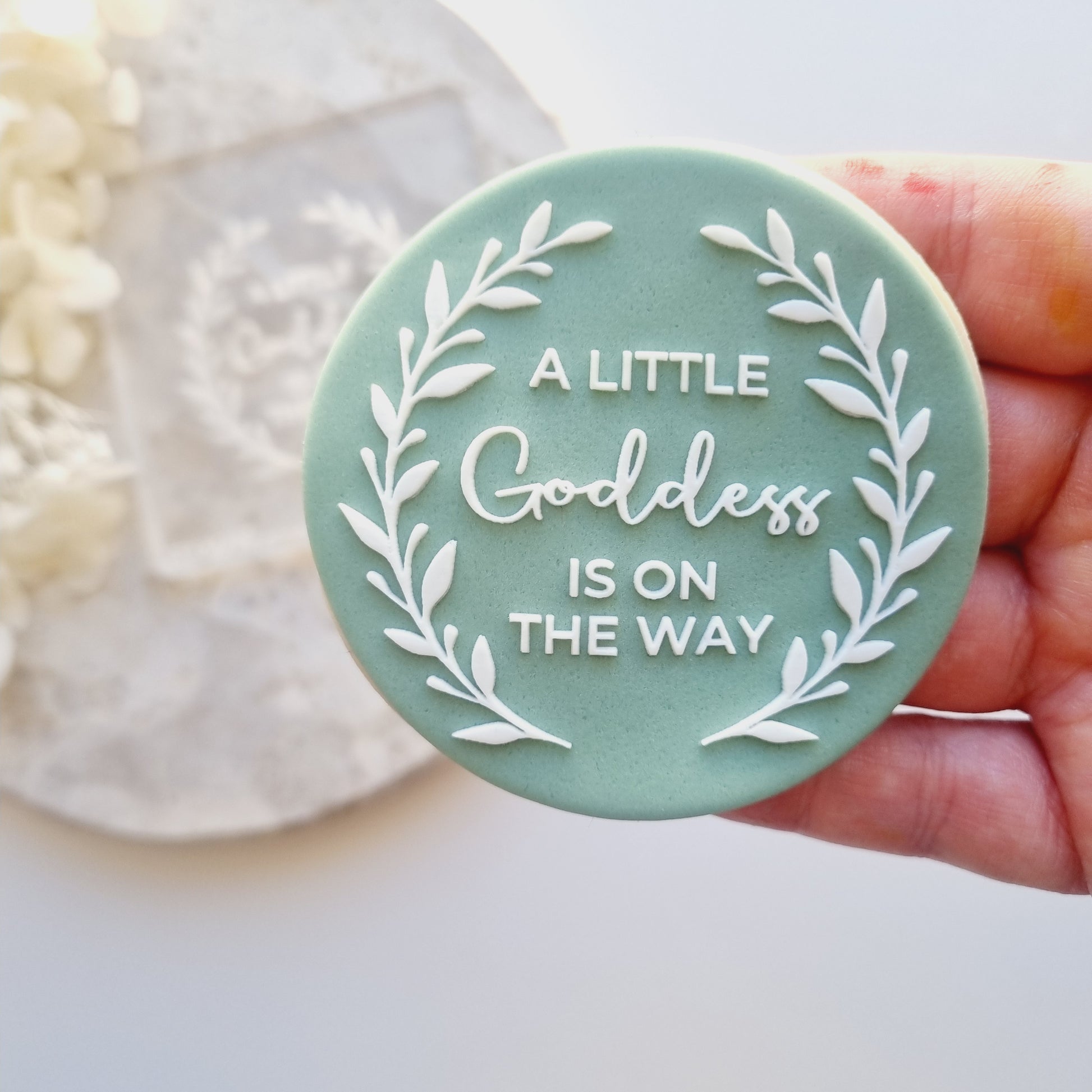 cookie stamp cookie cutter fondant debosser stampandimpress a little goddess is on the way baby shower
