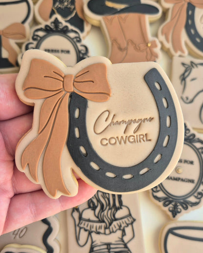 champagne cowgirl cowboy boots with hat cowboy hat cowboy boots with bow 40 forty press for champagne horseshoe with bow champagne bottle cocktail glass with bow horse head rodeo hens bride to be bow border cookie stamps cookie cutters stampandimpress