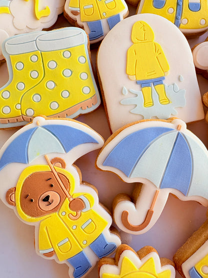 teddy bear in the rain umbrella rainy day sunshine raincoat rain boots gumboots boy jumping in puddle sun shower cloud rainbow cookie stamp cookie cutter stampandimpress