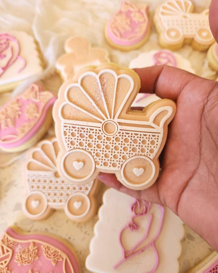 floral baby shower cookie stamp cookie cutter stampandimpress baby in bloom rattan pram 