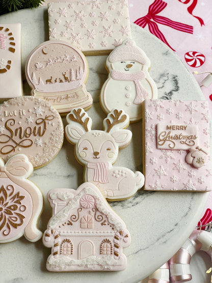 reindeer with scarf snowman bauble gingerbread house snowflake pattern snowglobe cookie stamp cookie cutter stampandimpress